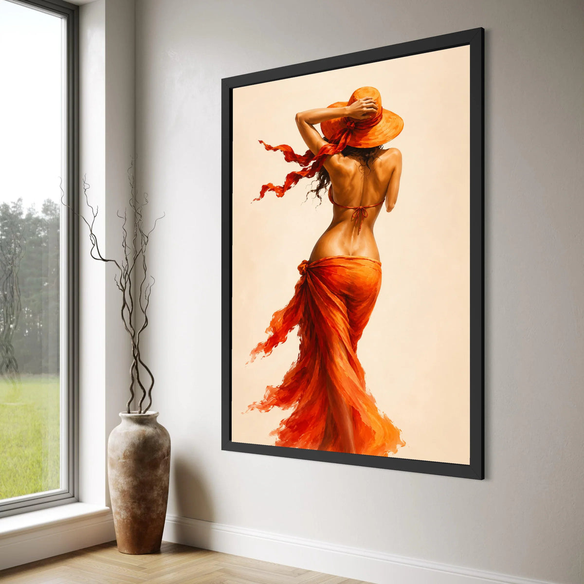 Elegant Woman Vibrant Orange Sarong and Hat Canvas, Summer Beach Style Wall Art, Sensual Back View Canvas Decoration Print Art