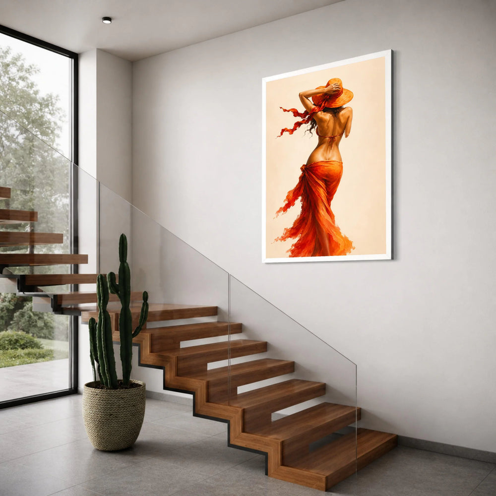 Elegant Woman Vibrant Orange Sarong and Hat Canvas, Summer Beach Style Wall Art, Sensual Back View Canvas Decoration Print Art