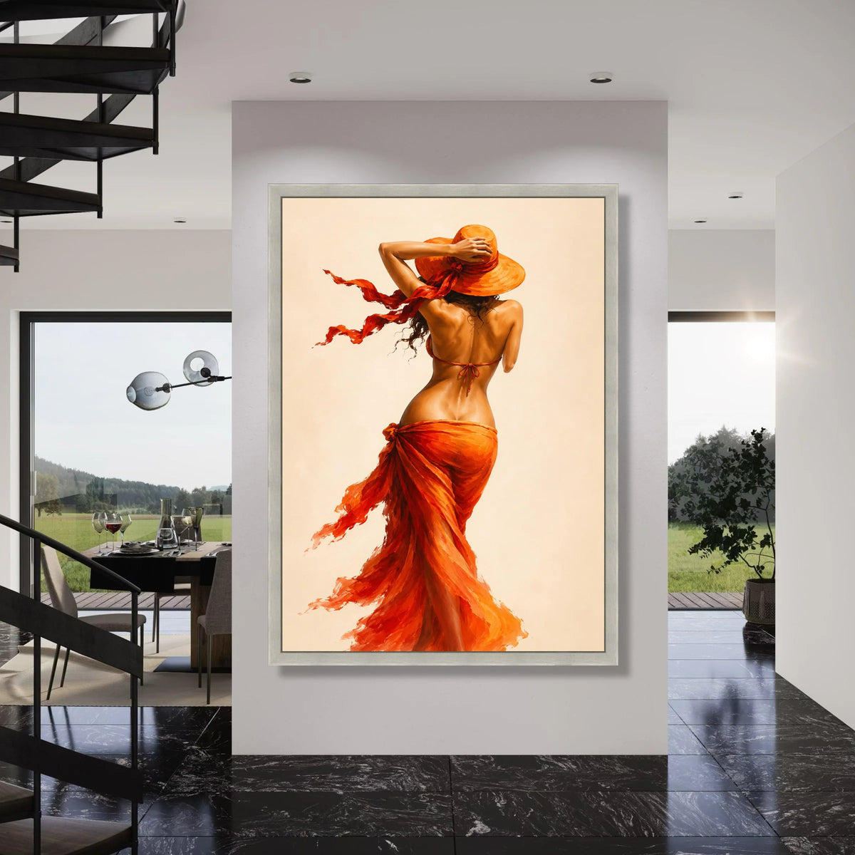 Elegant Woman Vibrant Orange Sarong and Hat Canvas, Summer Beach Style Wall Art, Sensual Back View Canvas Decoration Print Art