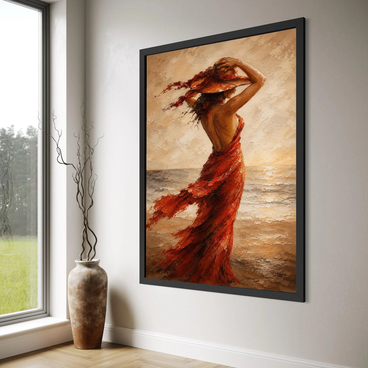 Woman Flowing Red Dress Canvas, Elegant Lady at Beach Wall Art, Sunset Seascape Canvas, Fashion Home Decor, Ready to Hang Canvas Print Art
