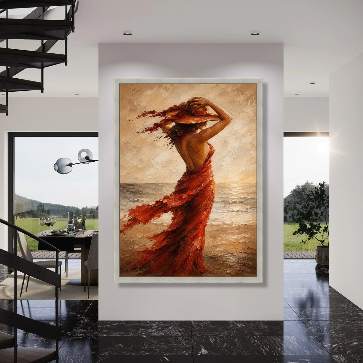 Woman Flowing Red Dress Canvas, Elegant Lady at Beach Wall Art, Sunset Seascape Canvas, Fashion Home Decor, Ready to Hang Canvas Print Art