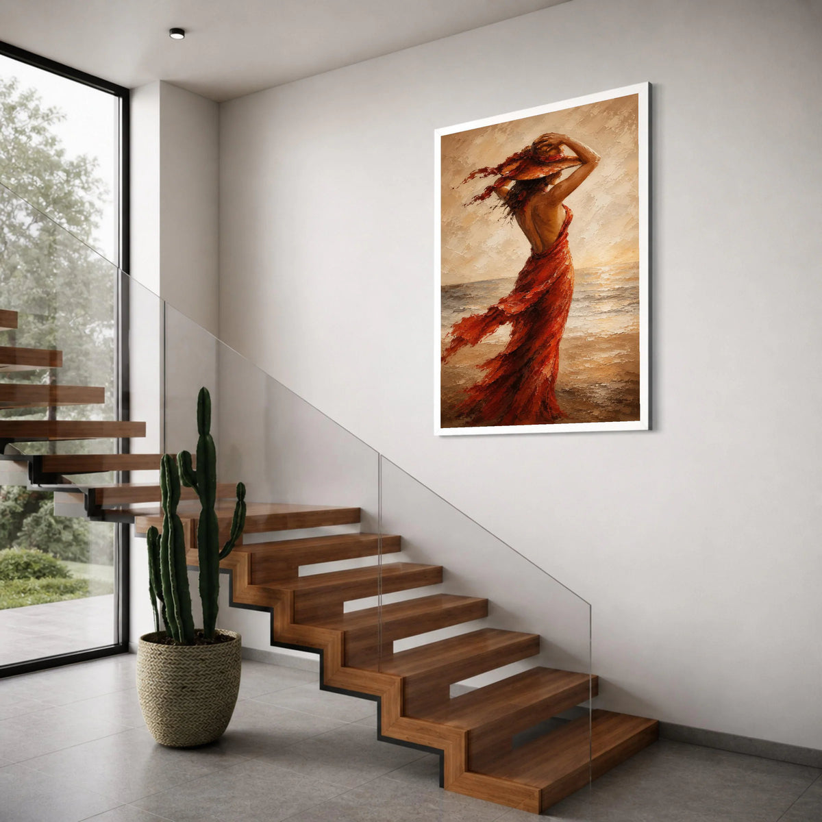 Woman Flowing Red Dress Canvas, Elegant Lady at Beach Wall Art, Sunset Seascape Canvas, Fashion Home Decor, Ready to Hang Canvas Print Art