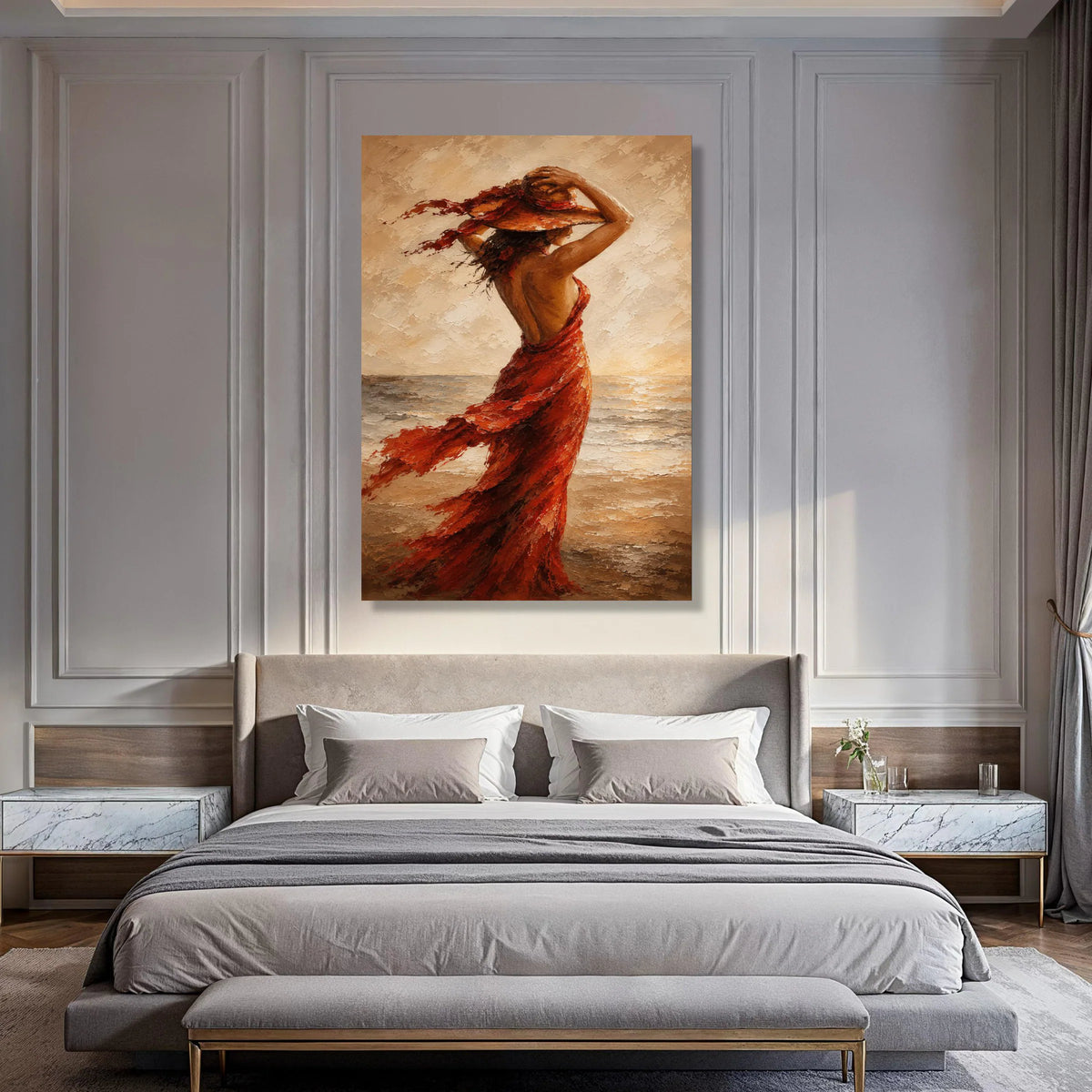 Woman Flowing Red Dress Canvas, Elegant Lady at Beach Wall Art, Sunset Seascape Canvas, Fashion Home Decor, Ready to Hang Canvas Print Art