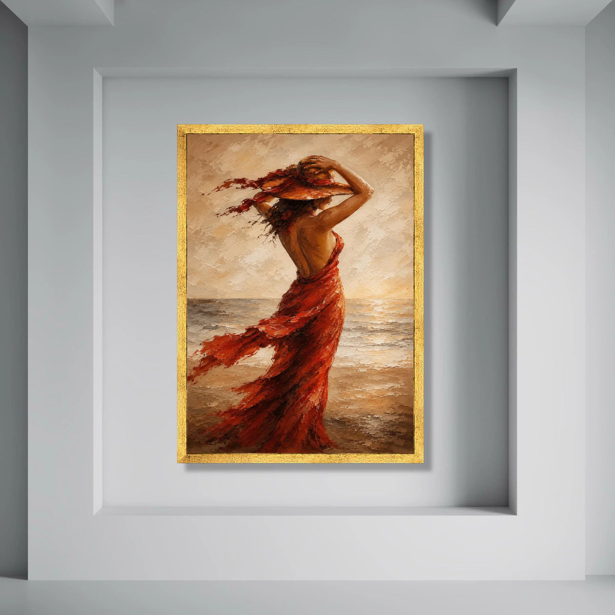 Woman Flowing Red Dress Canvas, Elegant Lady at Beach Wall Art, Sunset Seascape Canvas, Fashion Home Decor, Ready to Hang Canvas Print Art