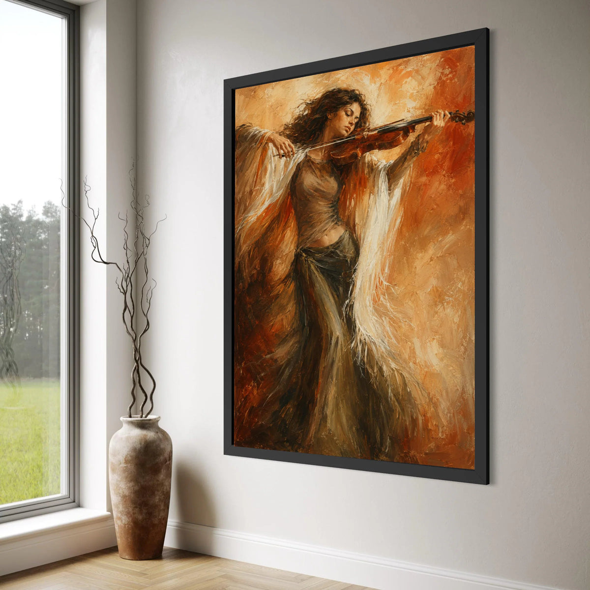 Elegant Violin Woman Canvas Art, Musical Instrument Canvas, Artistic Music Wall Decoration, Warm Toned Home Canvas, Female Print Art