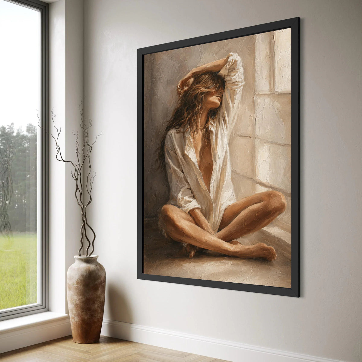 Serene Woman Relaxing by Window, Soft Natural Light Canvas, Modern Figurative Wall Art, Cozy Home Decor, Relaxation Mood Canvas Print Art