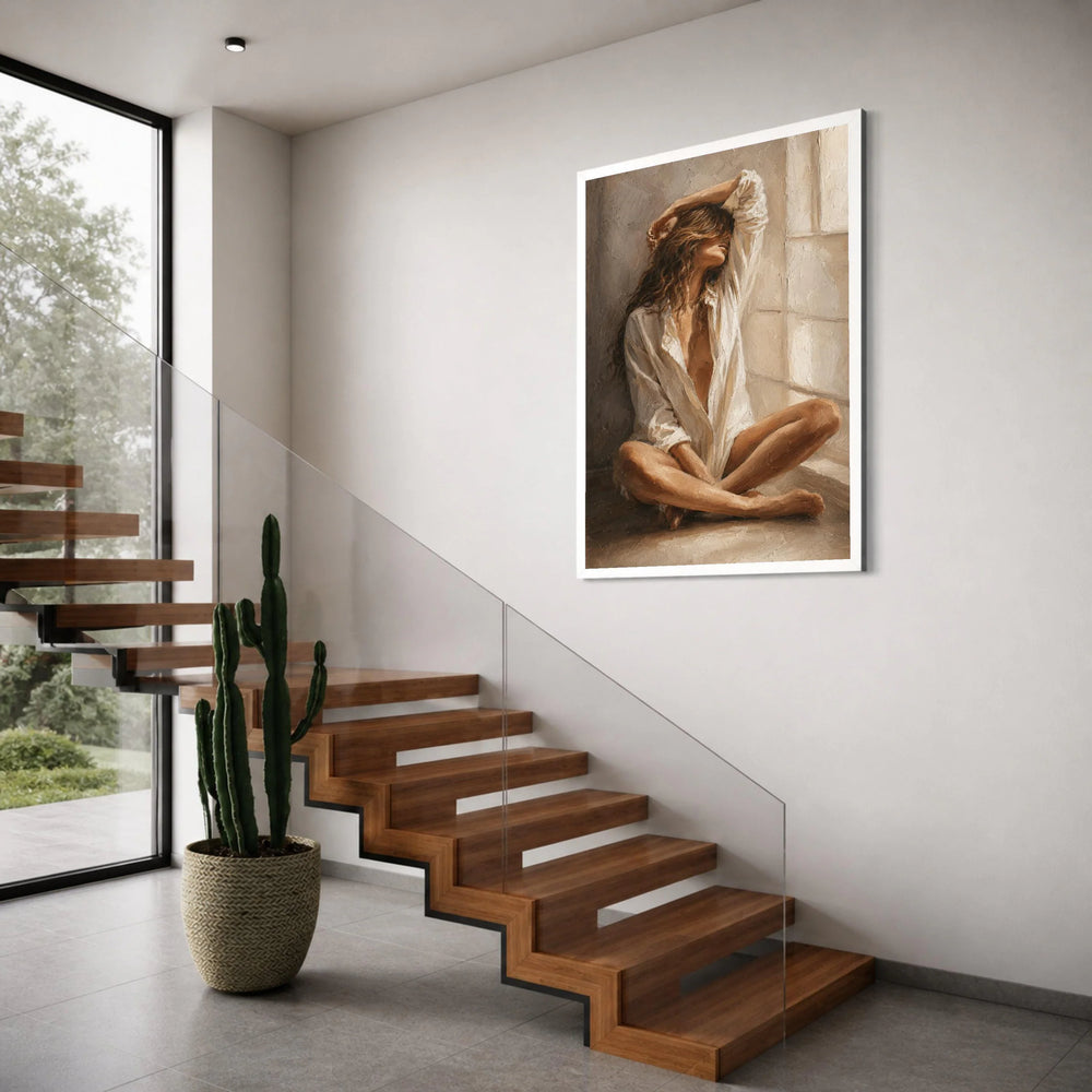 Serene Woman Relaxing by Window, Soft Natural Light Canvas, Modern Figurative Wall Art, Cozy Home Decor, Relaxation Mood Canvas Print Art