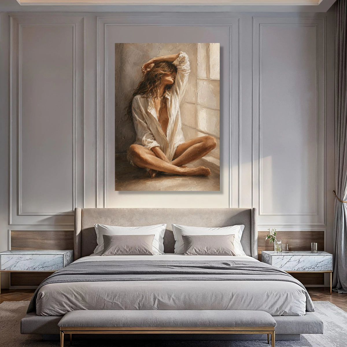Serene Woman Relaxing by Window, Soft Natural Light Canvas, Modern Figurative Wall Art, Cozy Home Decor, Relaxation Mood Canvas Print Art