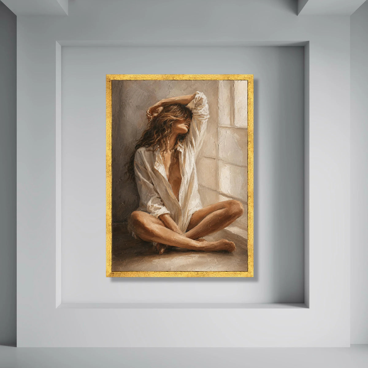 Serene Woman Relaxing by Window, Soft Natural Light Canvas, Modern Figurative Wall Art, Cozy Home Decor, Relaxation Mood Canvas Print Art