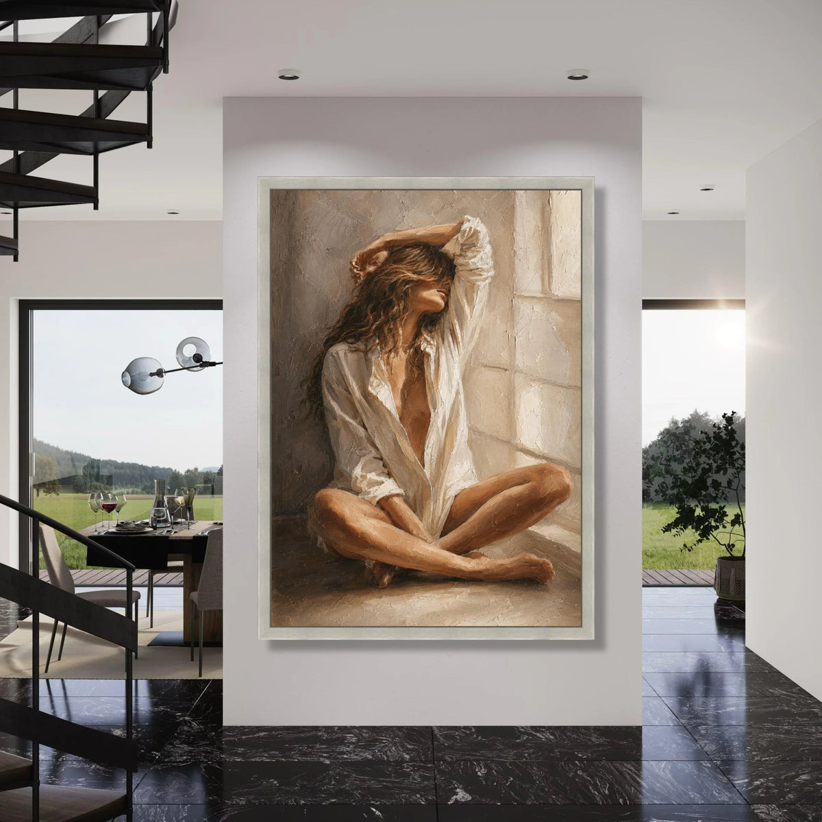 Serene Woman Relaxing by Window, Soft Natural Light Canvas, Modern Figurative Wall Art, Cozy Home Decor, Relaxation Mood Canvas Print Art