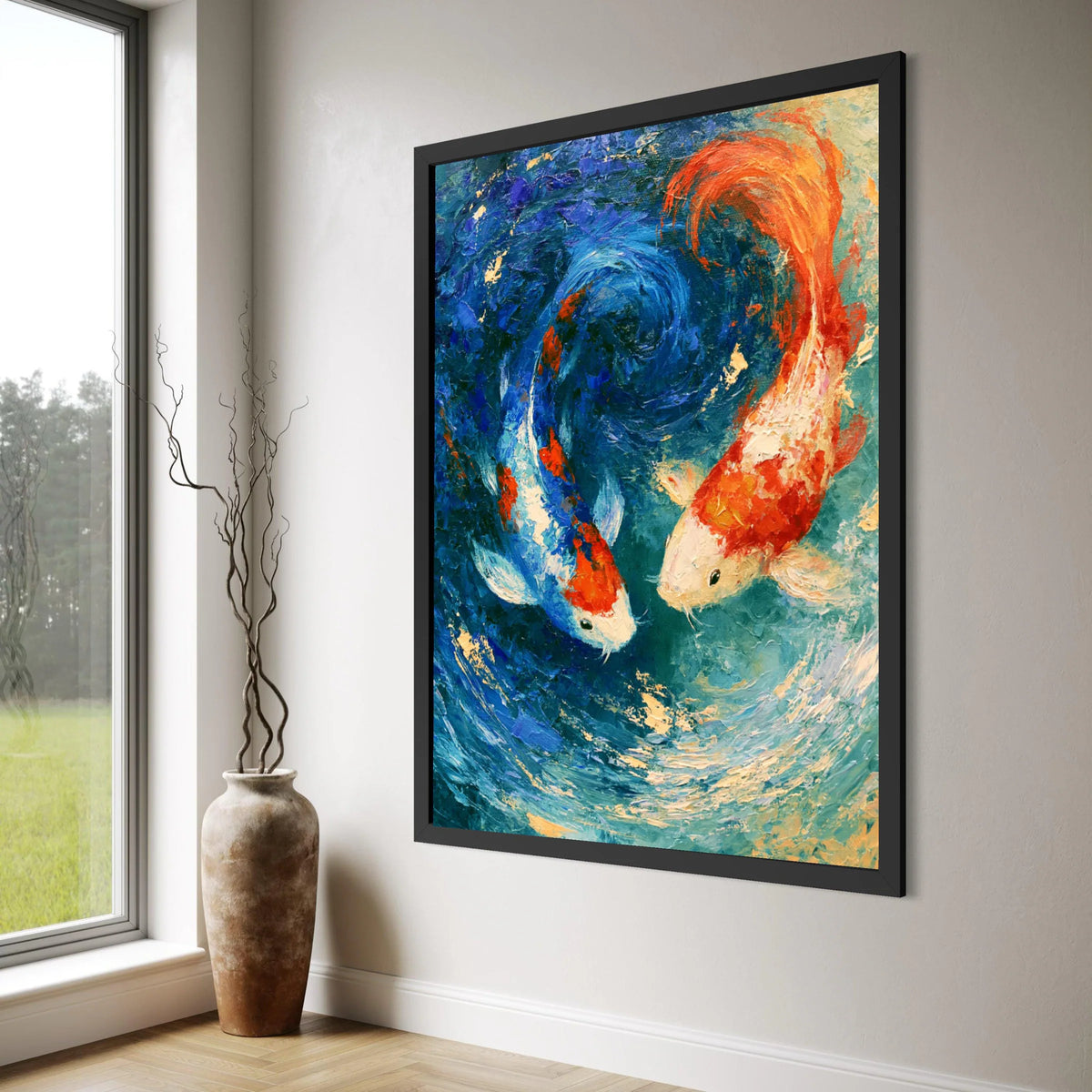 Vibrant Koi Fish Pair Canvas, Blue Orange Water Swirl Wall Art, Aquatic Life Painting, Home Decor Fish Design, Ready to Hang Print Art