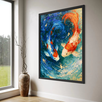 Vibrant Koi Fish Pair Canvas, Blue Orange Water Swirl Wall Art, Aquatic Life Painting, Home Decor Fish Design, Ready to Hang Print Art
