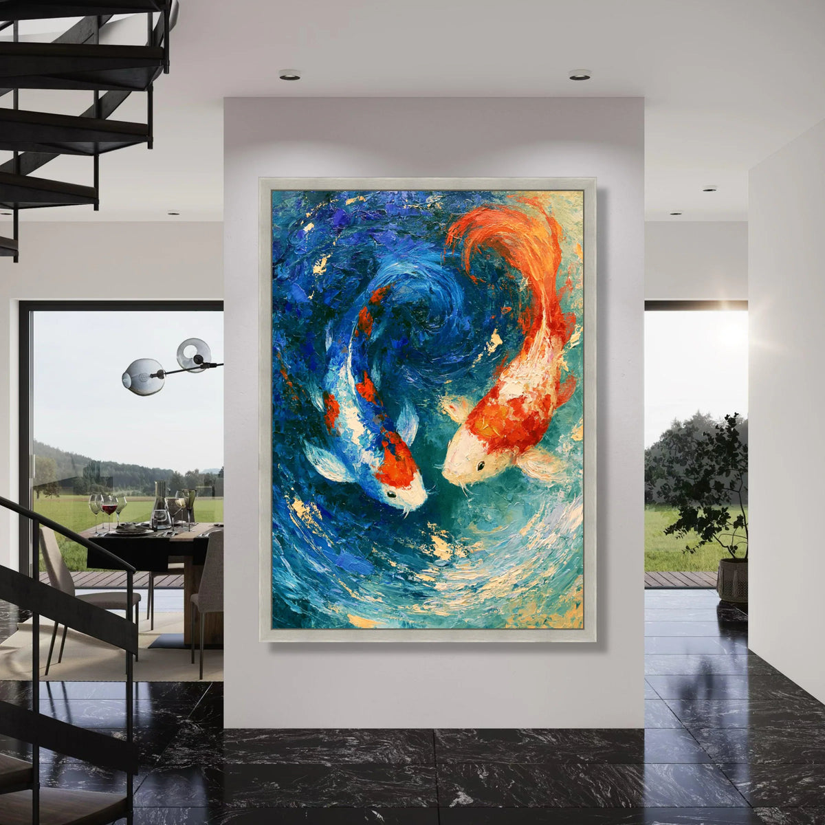 Vibrant Koi Fish Pair Canvas, Blue Orange Water Swirl Wall Art, Aquatic Life Painting, Home Decor Fish Design, Ready to Hang Print Art