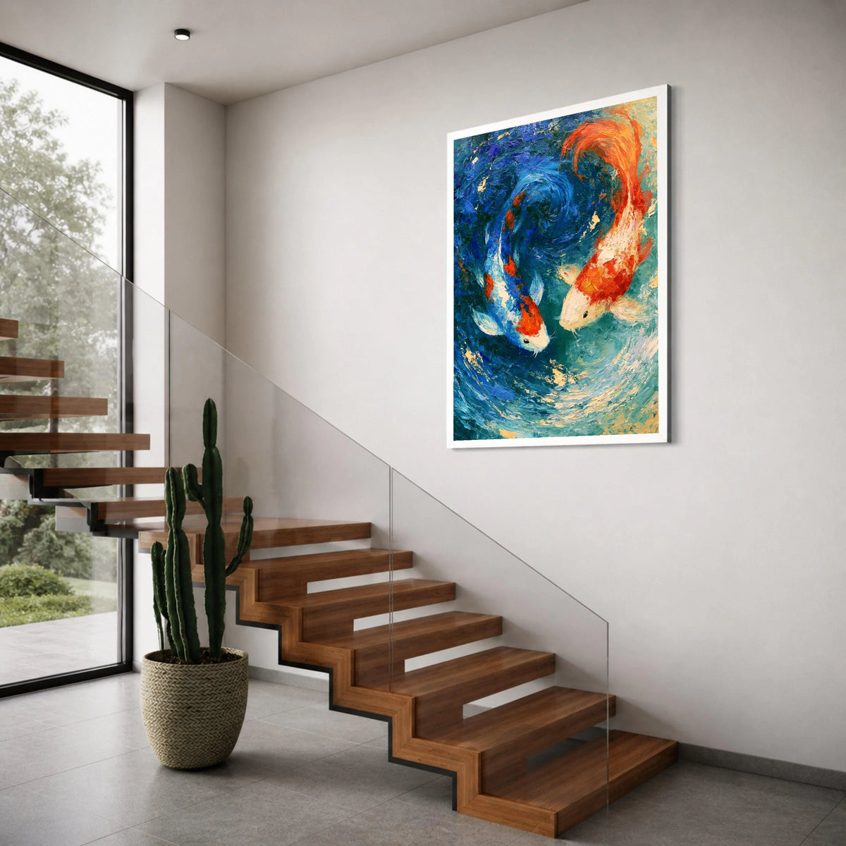 Vibrant Koi Fish Pair Canvas, Blue Orange Water Swirl Wall Art, Aquatic Life Painting, Home Decor Fish Design, Ready to Hang Print Art