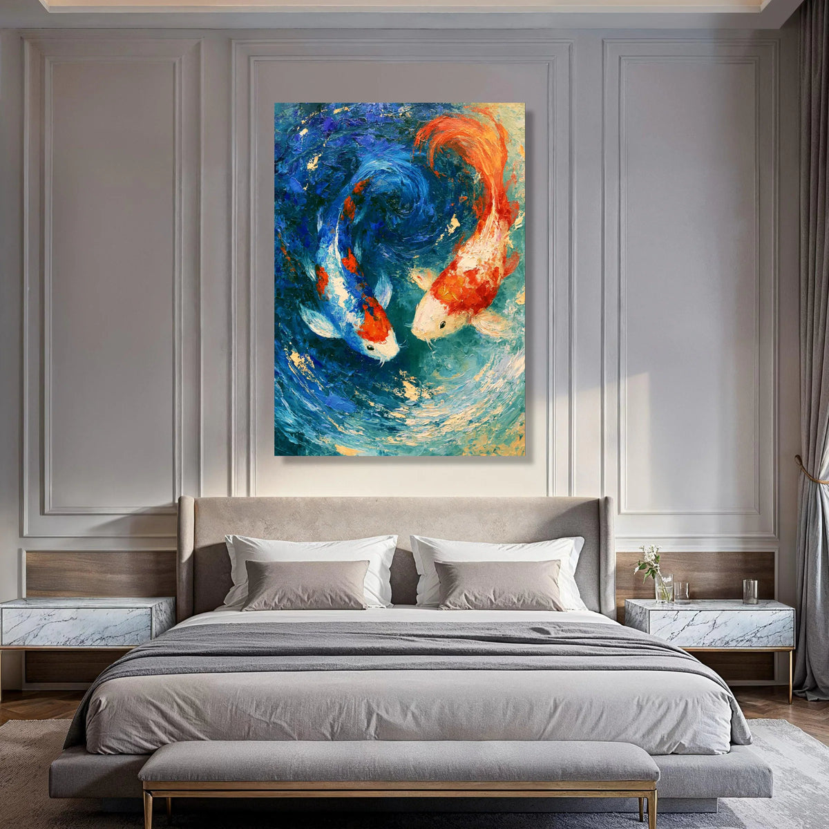 Vibrant Koi Fish Pair Canvas, Blue Orange Water Swirl Wall Art, Aquatic Life Painting, Home Decor Fish Design, Ready to Hang Print Art