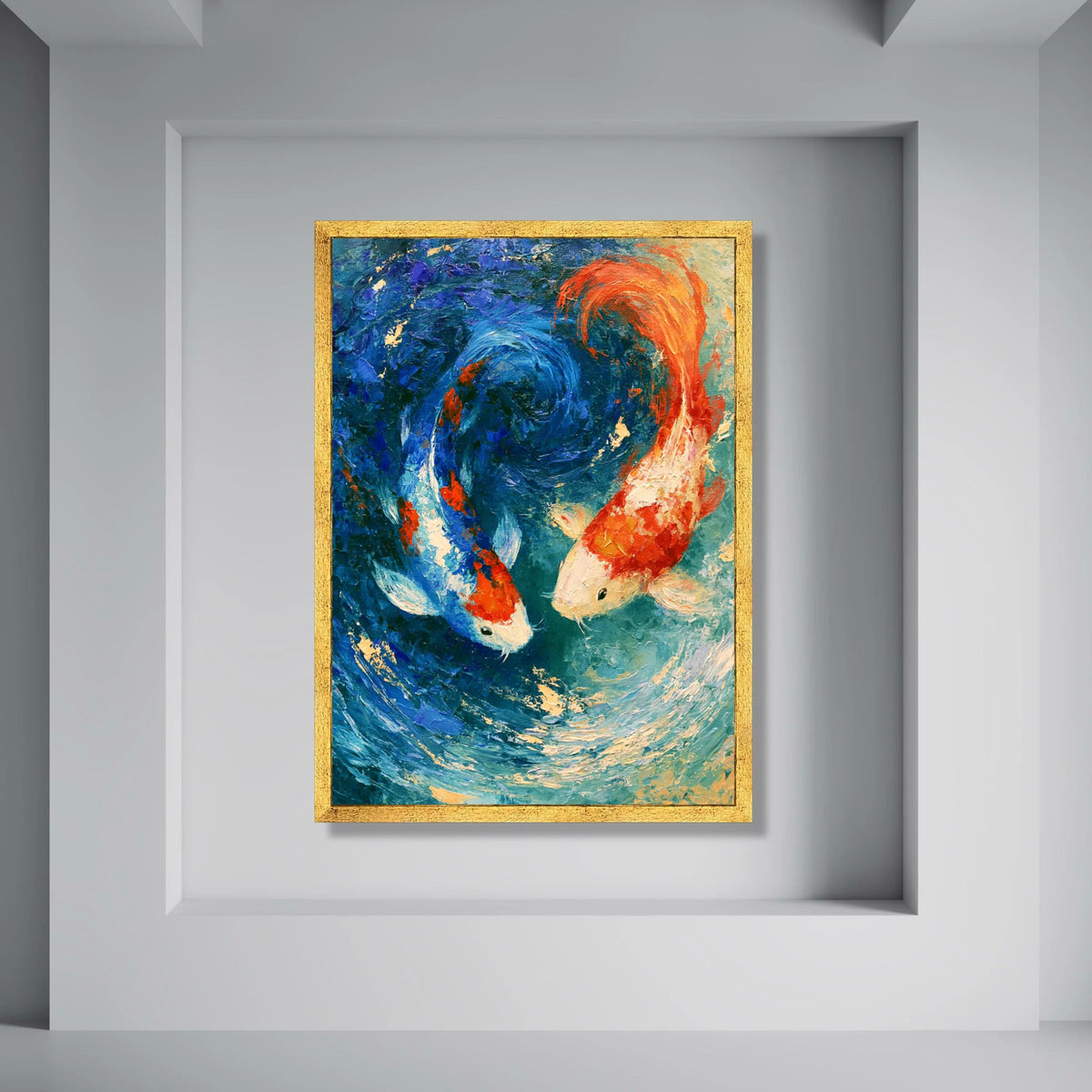 Vibrant Koi Fish Pair Canvas, Blue Orange Water Swirl Wall Art, Aquatic Life Painting, Home Decor Fish Design, Ready to Hang Print Art