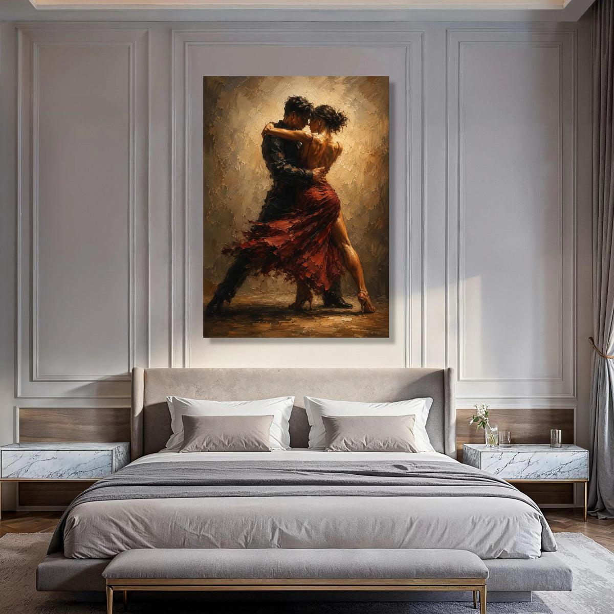 Passionate Tango Dance Couple Canvas, Romantic Ballroom Dance Art, Red Dress Dancing Wall Decor, Elegant Dance Movement Canvas Print Art