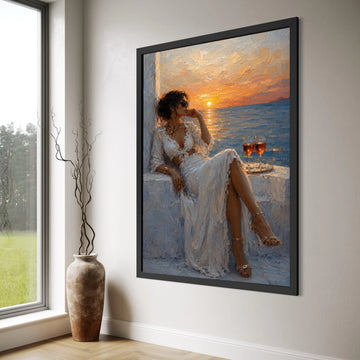 Elegant Woman Relaxing at Sunset, Seaside Canvas Wall Art, Romantic Evening Scene, Coastal Home Decoration, Stylish Leisure Canvas Print Art