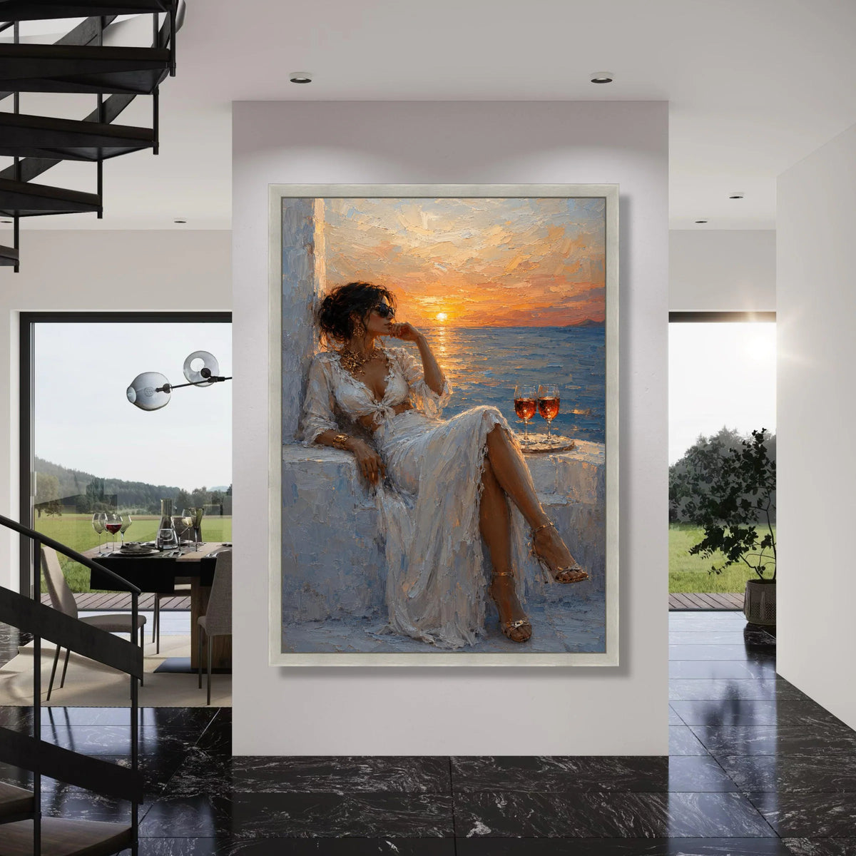 Elegant Woman Relaxing at Sunset, Seaside Canvas Wall Art, Romantic Evening Scene, Coastal Home Decoration, Stylish Leisure Canvas Print Art