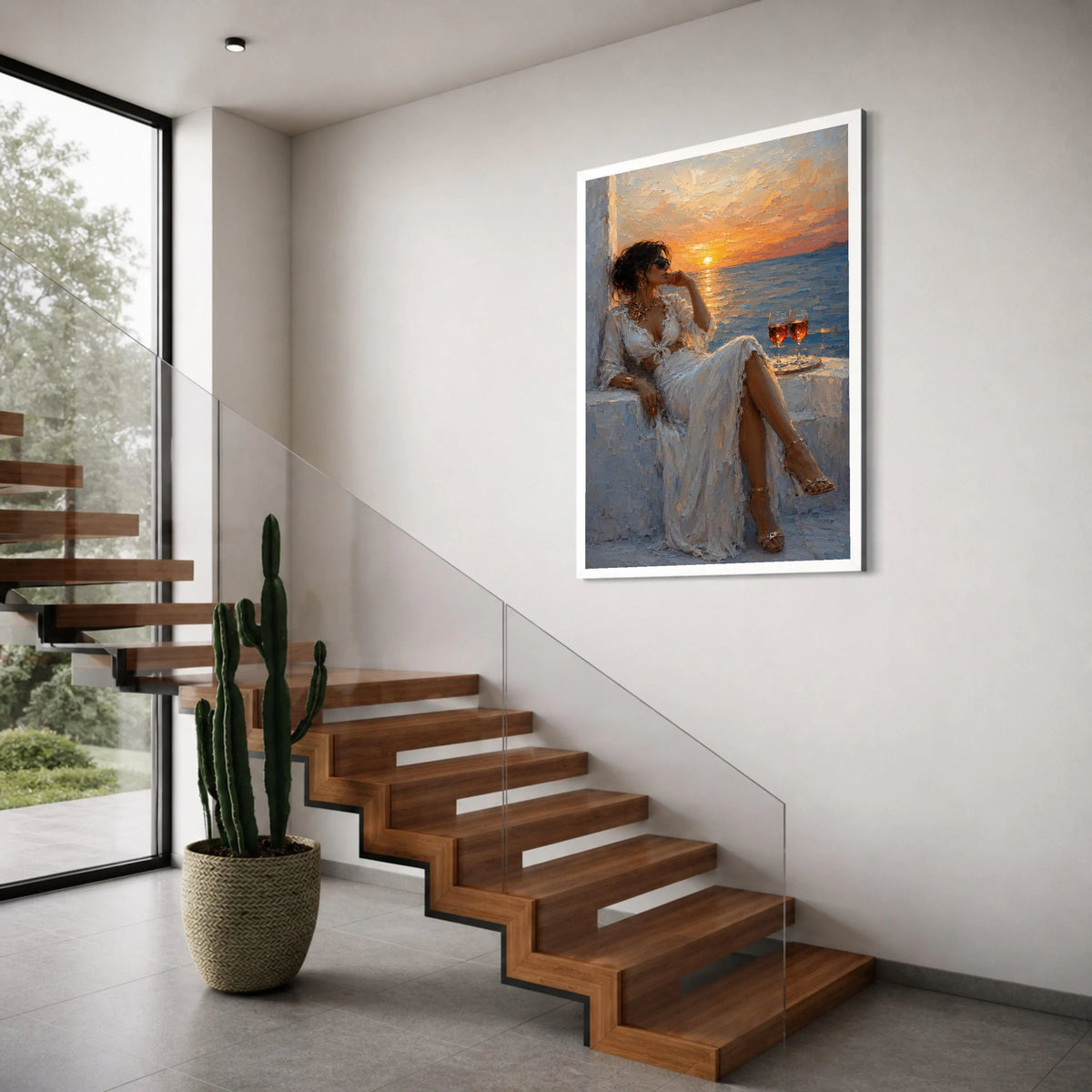 Elegant Woman Relaxing at Sunset, Seaside Canvas Wall Art, Romantic Evening Scene, Coastal Home Decoration, Stylish Leisure Canvas Print Art
