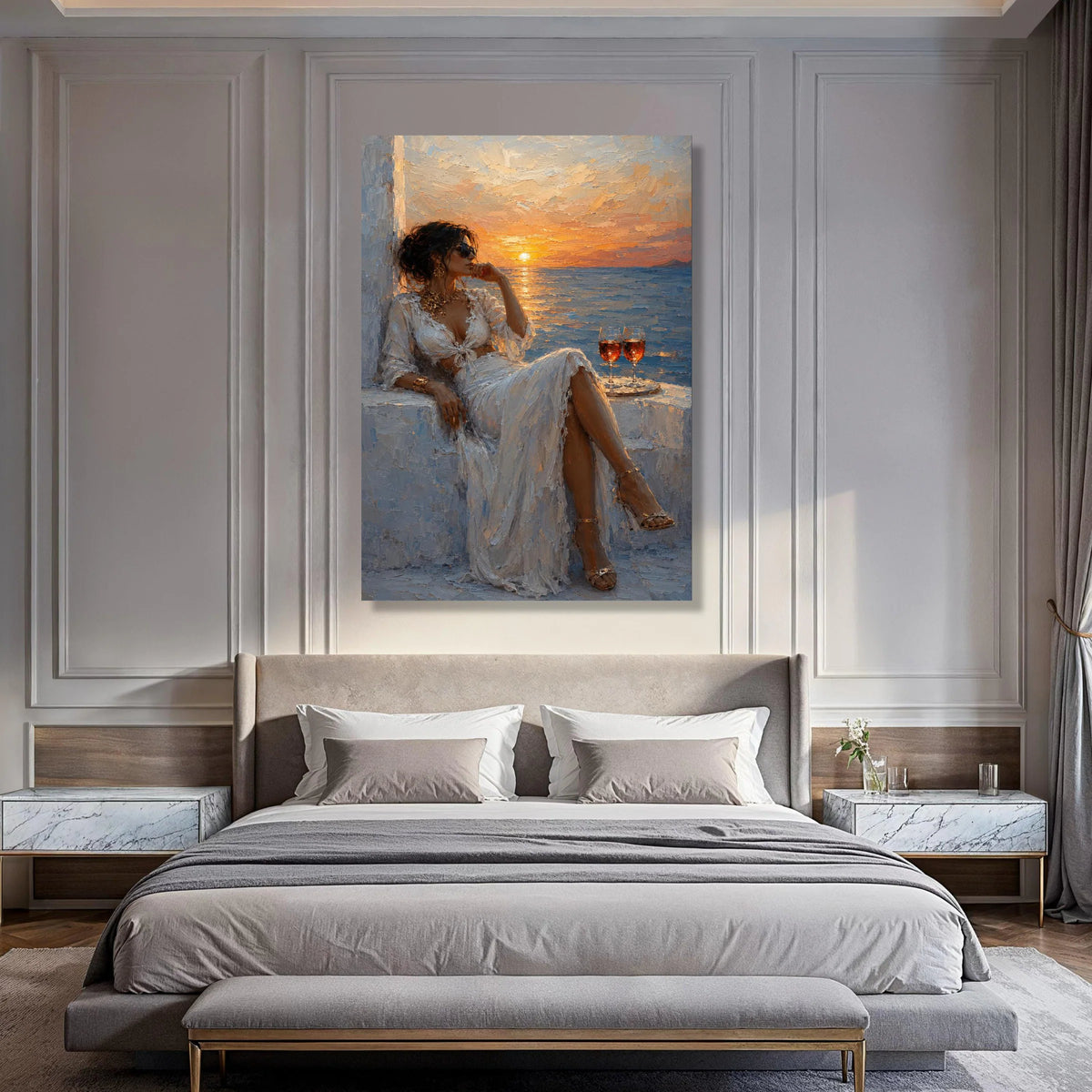 Elegant Woman Relaxing at Sunset, Seaside Canvas Wall Art, Romantic Evening Scene, Coastal Home Decoration, Stylish Leisure Canvas Print Art