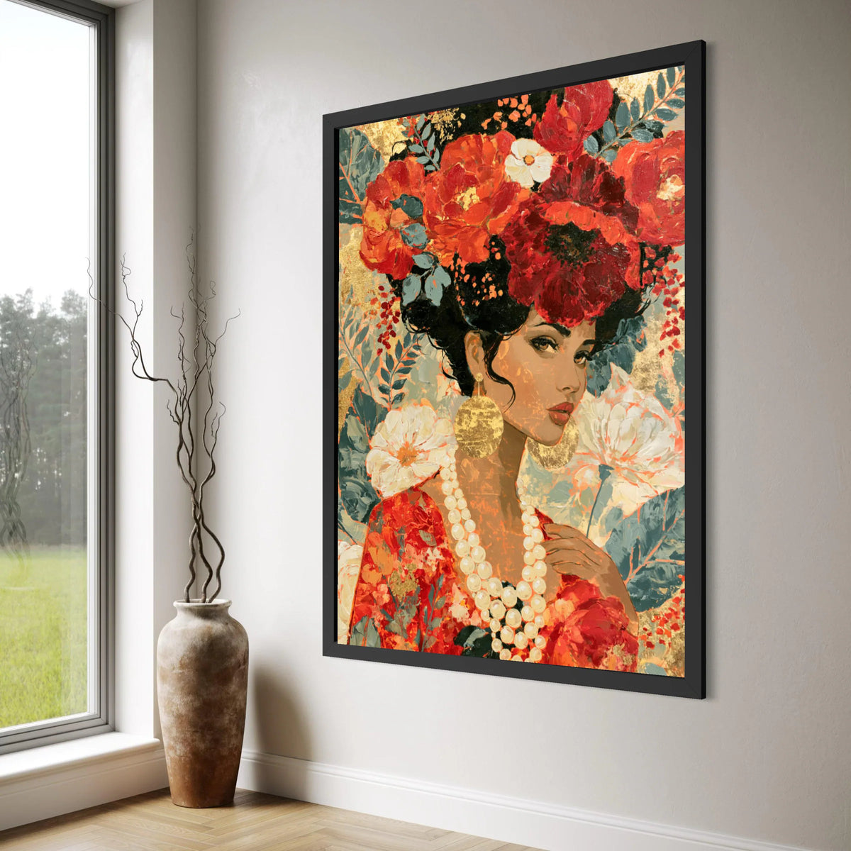 Elegant Woman Portrait Canvas, Floral Crown Wall Art, Red and Gold Home Decor, Feminine Beauty Canvas, Decorative Modern Artwork Print Art