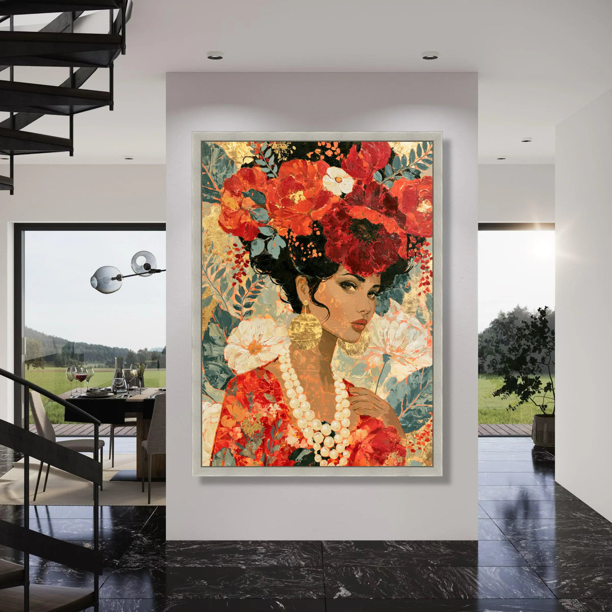 Elegant Woman Portrait Canvas, Floral Crown Wall Art, Red and Gold Home Decor, Feminine Beauty Canvas, Decorative Modern Artwork Print Art