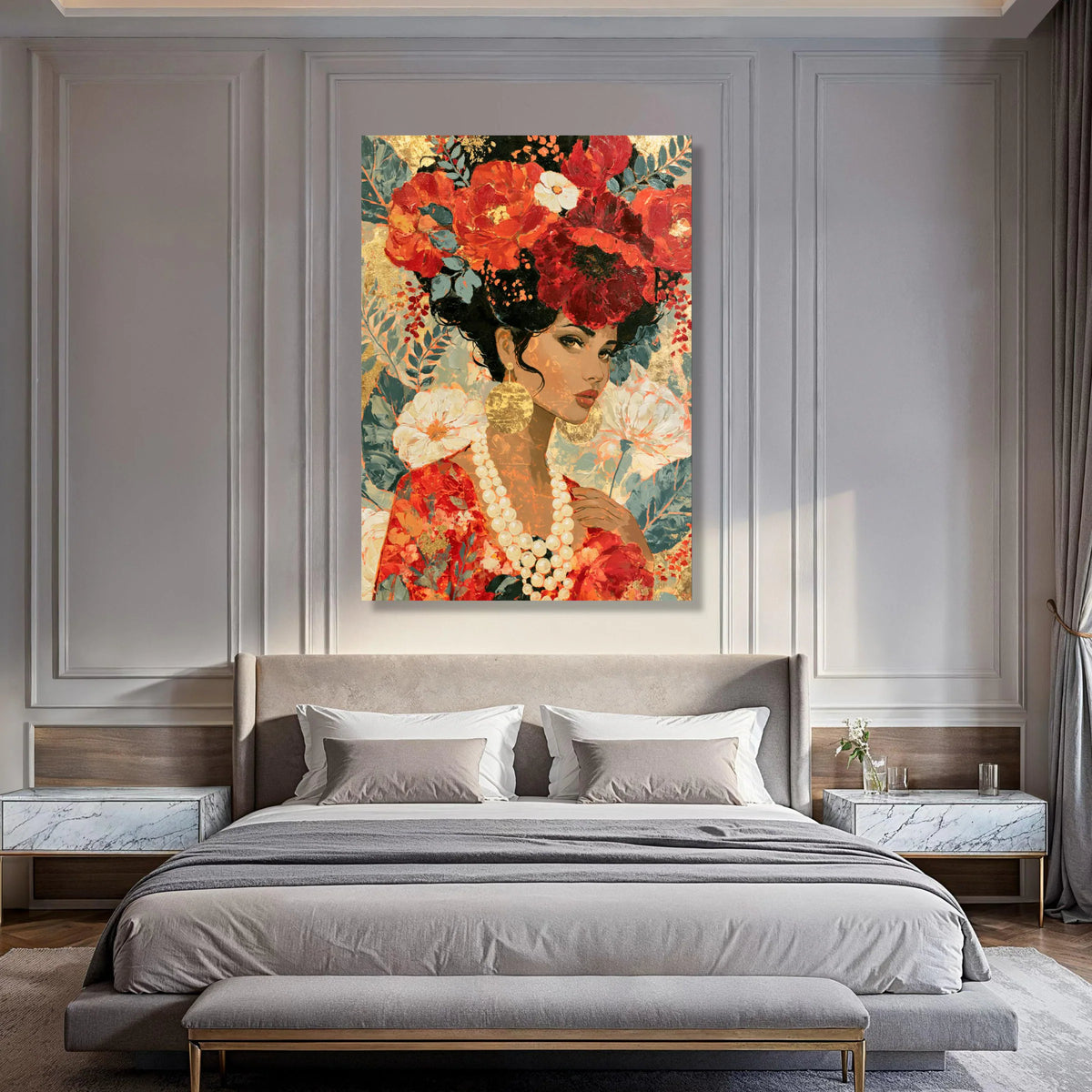 Elegant Woman Portrait Canvas, Floral Crown Wall Art, Red and Gold Home Decor, Feminine Beauty Canvas, Decorative Modern Artwork Print Art