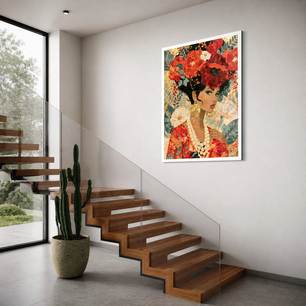 Elegant Woman Portrait Canvas, Floral Crown Wall Art, Red and Gold Home Decor, Feminine Beauty Canvas, Decorative Modern Artwork Print Art