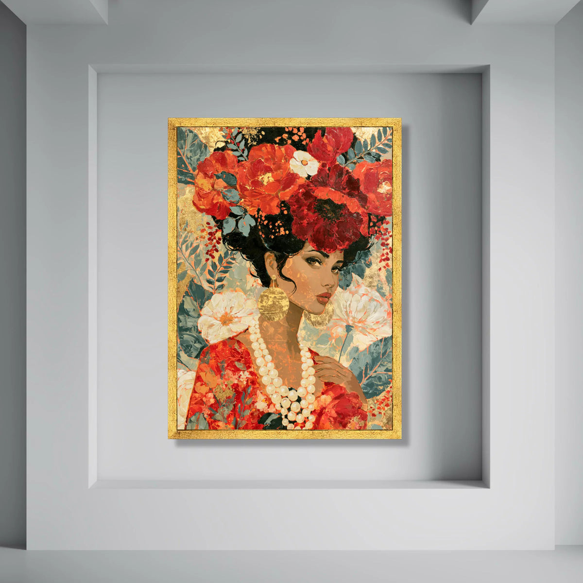 Elegant Woman Portrait Canvas, Floral Crown Wall Art, Red and Gold Home Decor, Feminine Beauty Canvas, Decorative Modern Artwork Print Art