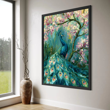 Majestic Peacock with Cherry Blossoms Canvas, Elegant Bird Wall Art, Vibrant Nature Scene, Floral and Wildlife Canvas Decoration Print Art