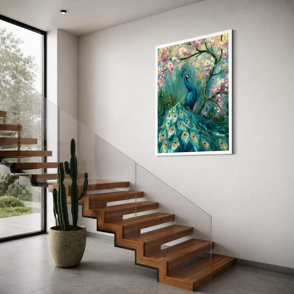 Majestic Peacock with Cherry Blossoms Canvas, Elegant Bird Wall Art, Vibrant Nature Scene, Floral and Wildlife Canvas Decoration Print Art