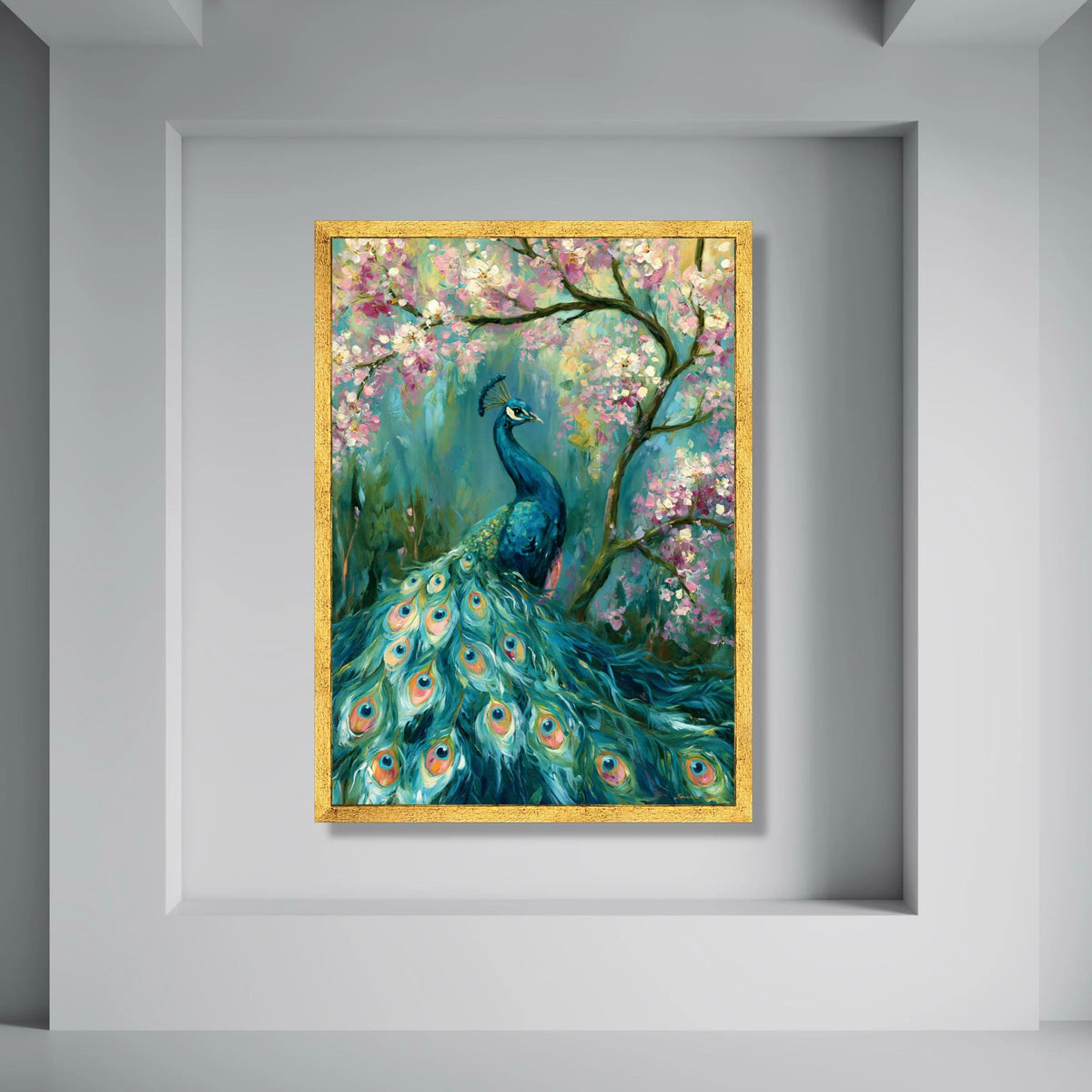Majestic Peacock with Cherry Blossoms Canvas, Elegant Bird Wall Art, Vibrant Nature Scene, Floral and Wildlife Canvas Decoration Print Art