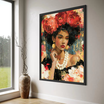 Elegant Woman Portrait Canvas, Floral Headpiece Art, African Beauty Wall Art, Colorful Female Canvas, Modern Home Decoration Print Art