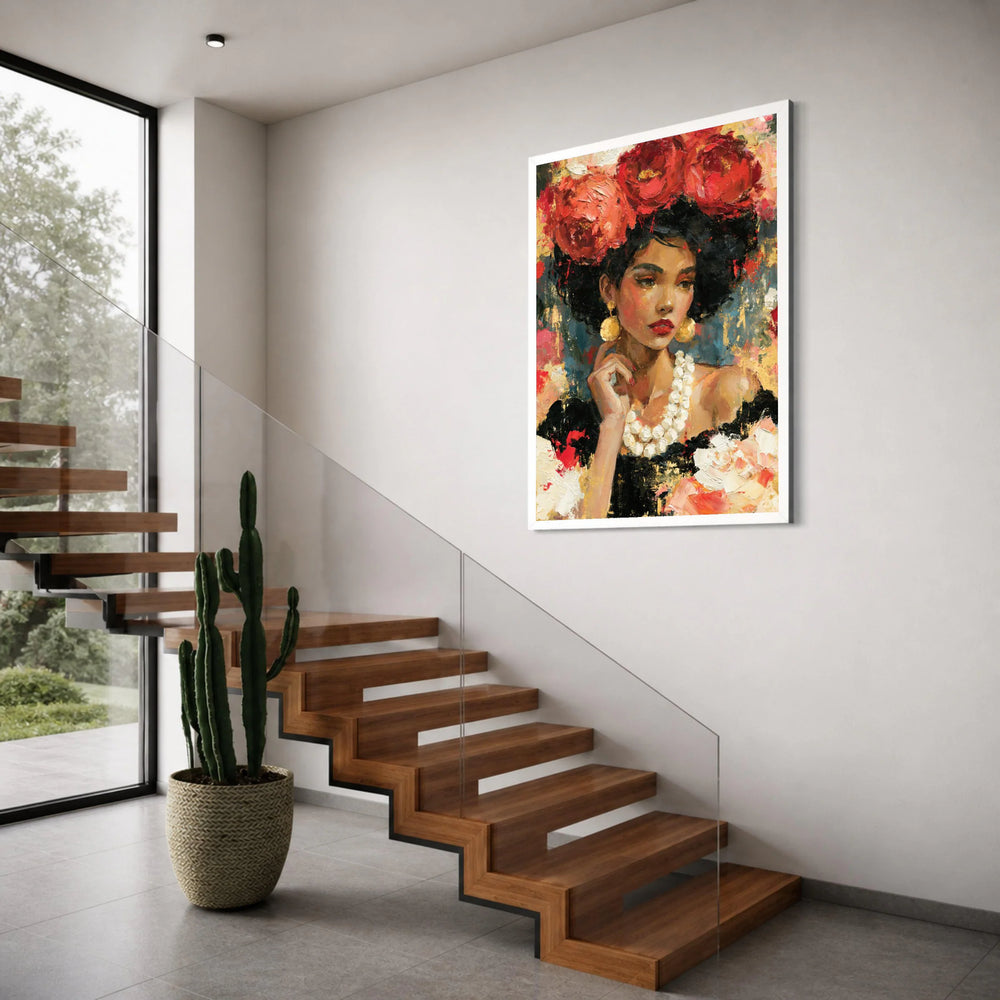 Elegant Woman Portrait Canvas, Floral Headpiece Art, African Beauty Wall Art, Colorful Female Canvas, Modern Home Decoration Print Art