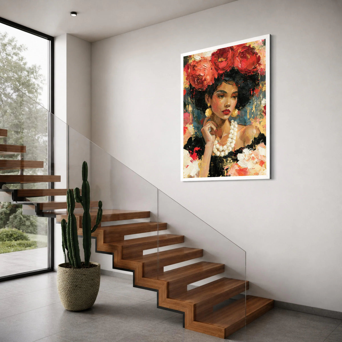 Elegant Woman Portrait Canvas, Floral Headpiece Art, African Beauty Wall Art, Colorful Female Canvas, Modern Home Decoration Print Art