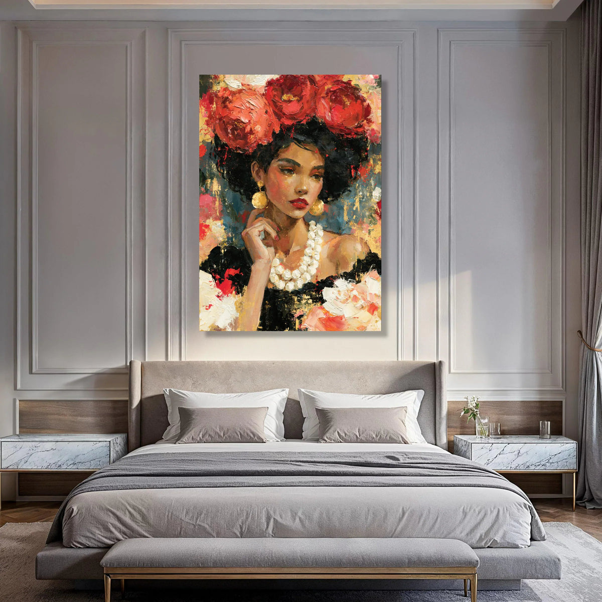 Elegant Woman Portrait Canvas, Floral Headpiece Art, African Beauty Wall Art, Colorful Female Canvas, Modern Home Decoration Print Art