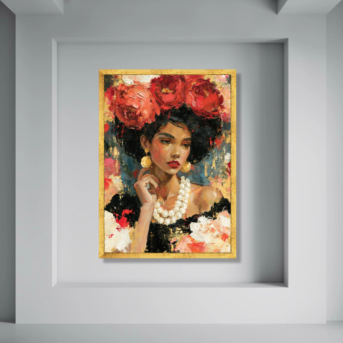 Elegant Woman Portrait Canvas, Floral Headpiece Art, African Beauty Wall Art, Colorful Female Canvas, Modern Home Decoration Print Art