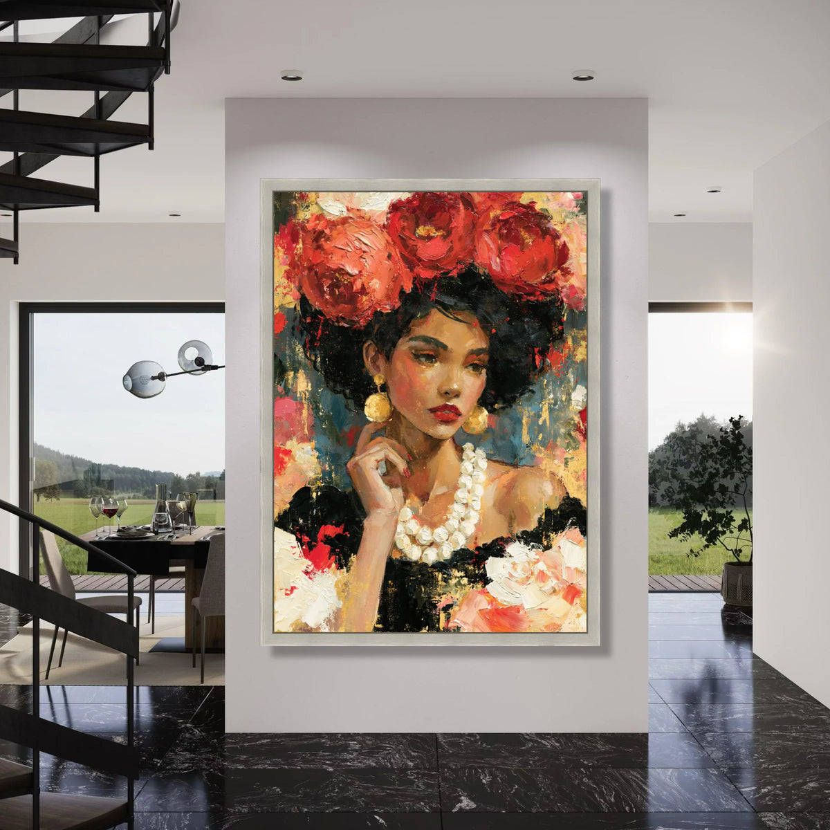 Elegant Woman Portrait Canvas, Floral Headpiece Art, African Beauty Wall Art, Colorful Female Canvas, Modern Home Decoration Print Art