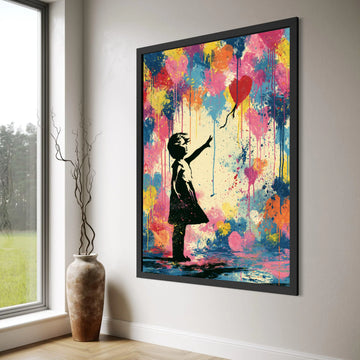 Colorful Heart Balloon Girl Silhouette Canvas, Contemporary Abstract Wall Art, Vibrant Home Decoration, Urban Street Style Print Art