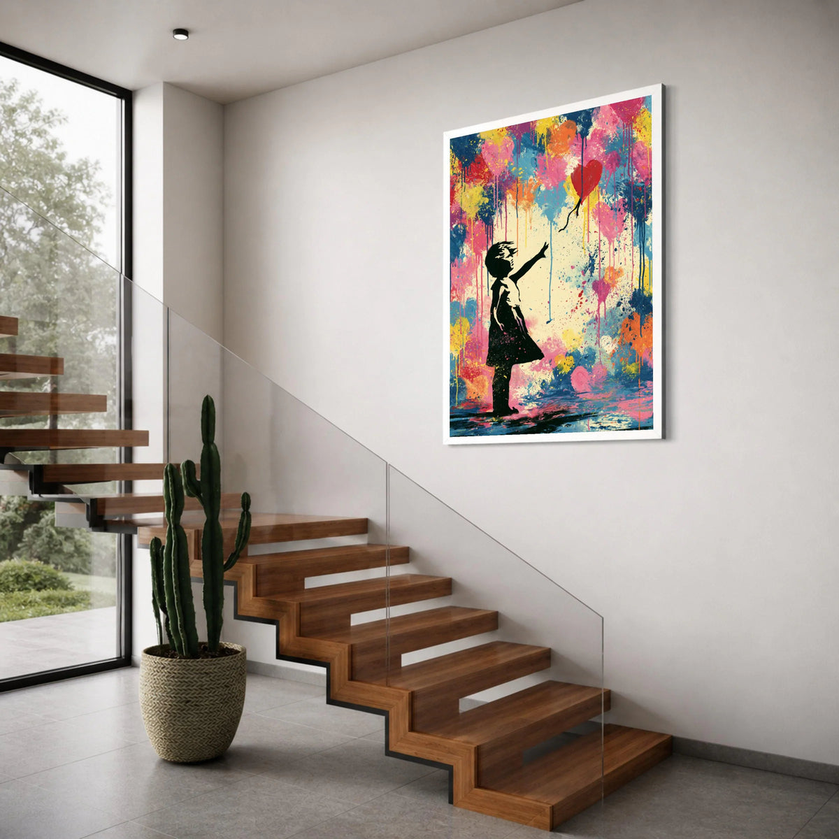 Colorful Heart Balloon Girl Silhouette Canvas, Contemporary Abstract Wall Art, Vibrant Home Decoration, Urban Street Style Print Art