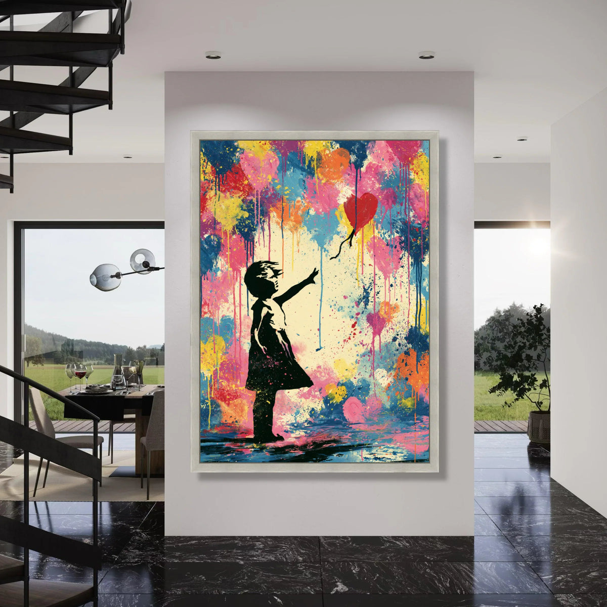 Colorful Heart Balloon Girl Silhouette Canvas, Contemporary Abstract Wall Art, Vibrant Home Decoration, Urban Street Style Print Art