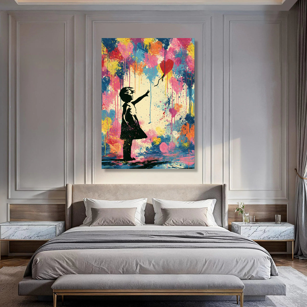 Colorful Heart Balloon Girl Silhouette Canvas, Contemporary Abstract Wall Art, Vibrant Home Decoration, Urban Street Style Print Art