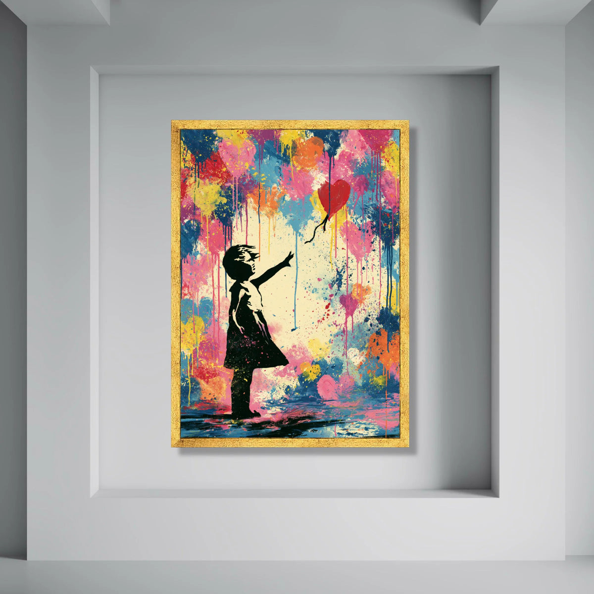 Colorful Heart Balloon Girl Silhouette Canvas, Contemporary Abstract Wall Art, Vibrant Home Decoration, Urban Street Style Print Art