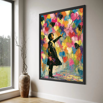 Girl Releasing Heart Balloon Canvas, Colorful Abstract Wall Art, Modern Children’s Room Decor, Vibrant Heart Balloon Painting, Print Art