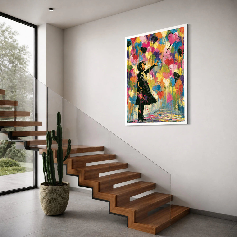 Girl Releasing Heart Balloon Canvas, Colorful Abstract Wall Art, Modern Children’s Room Decor, Vibrant Heart Balloon Painting, Print Art