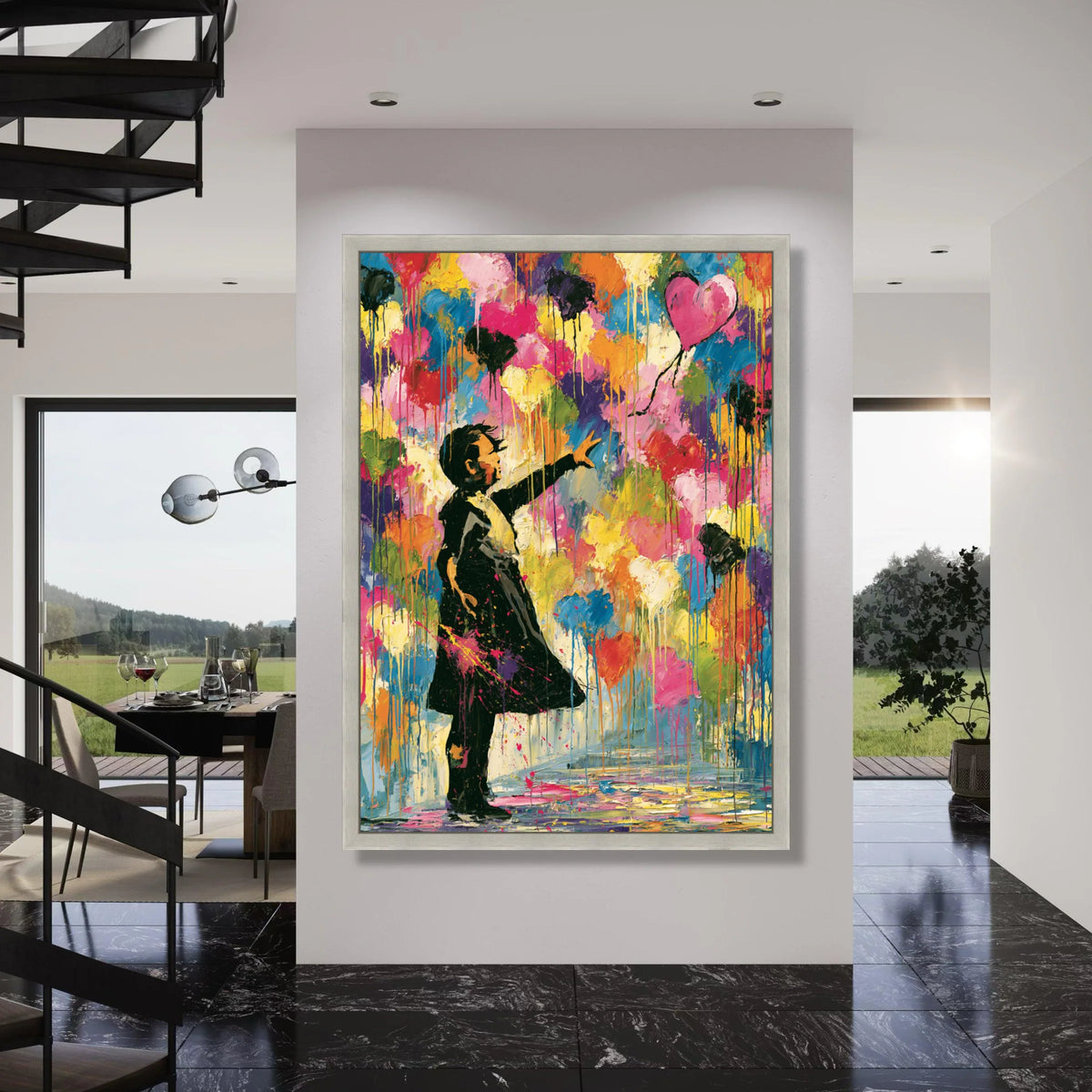 Girl Releasing Heart Balloon Canvas, Colorful Abstract Wall Art, Modern Children’s Room Decor, Vibrant Heart Balloon Painting, Print Art