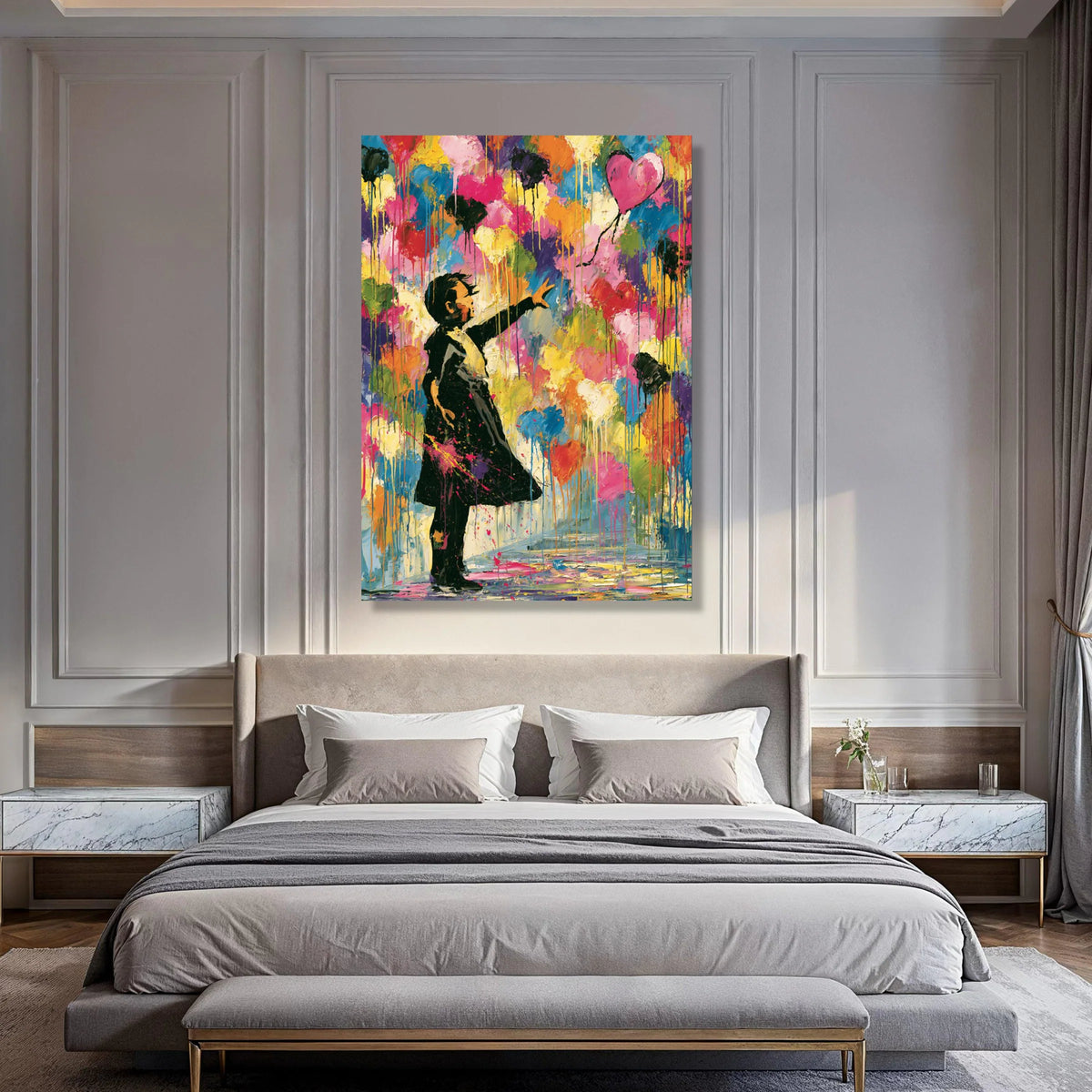 Girl Releasing Heart Balloon Canvas, Colorful Abstract Wall Art, Modern Children’s Room Decor, Vibrant Heart Balloon Painting, Print Art