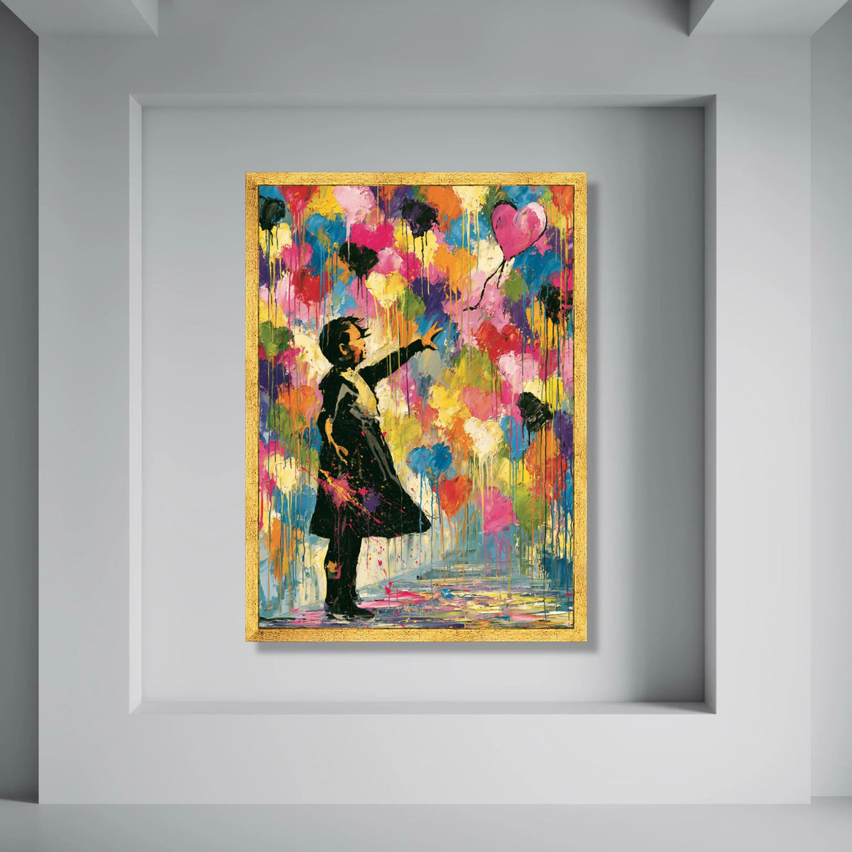 Girl Releasing Heart Balloon Canvas, Colorful Abstract Wall Art, Modern Children’s Room Decor, Vibrant Heart Balloon Painting, Print Art