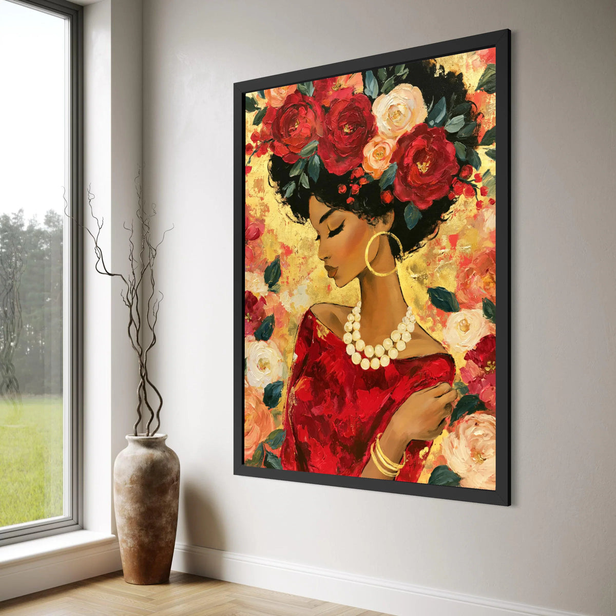 Elegant Woman with Floral Crown Canvas, Red Dress Portrait Art, Afrocentric Wall Decor, Gold Accent Canvas, Feminine Beauty Print Art